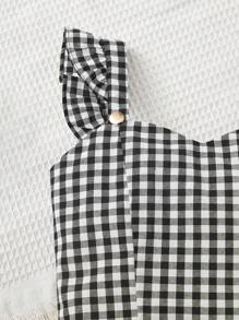 SHEIN Girls Gingham Print Ruffle Trim Top & Button Front Skirt - Black and White - View 4