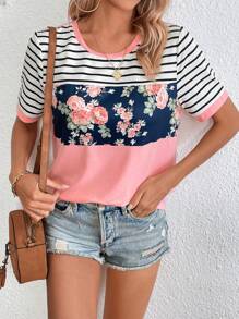 SHEIN LUNE Striped & Floral Print Contrast Binding Tee - Multicolor - View 3