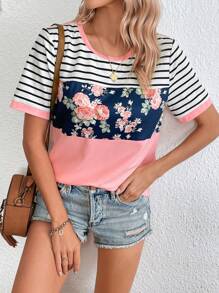 SHEIN LUNE Striped & Floral Print Contrast Binding Tee - Multicolor - View 5