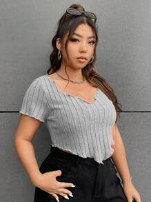 SHEIN EZwear 大碼木耳邊手帕下擺T恤 - 淺灰色 - 查看 3