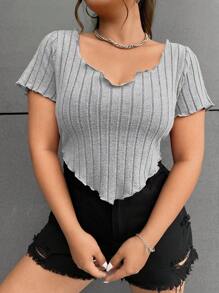 SHEIN EZwear 大碼木耳邊手帕下擺T恤 - 淺灰色 - 查看 5