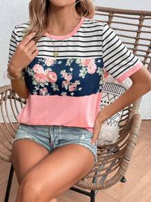 SHEIN LUNE Striped & Floral Print Contrast Binding Tee - Multicolor - View 6