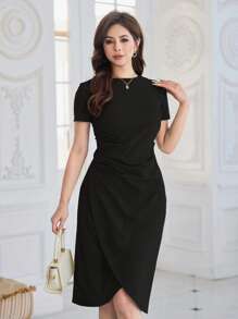 DAZY Vestido Sólido Con Doblez Fruncido En El Dobladillo - Negro - Ver 1