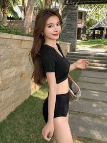 DAZY Solid High Waist Bikini Set Summer Beach - Black - View 2