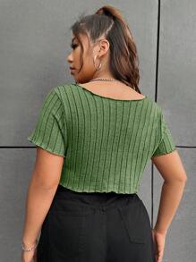 SHEIN EZwear 大碼木耳邊手帕下擺T恤 - 綠色 - 查看 2