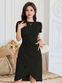 DAZY Vestido Sólido Con Doblez Fruncido En El Dobladillo - Negro - Ver 4