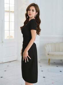 DAZY Vestido Sólido Con Doblez Fruncido En El Dobladillo - Negro - Ver 5