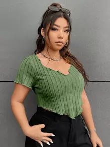 SHEIN EZwear 大碼木耳邊手帕下擺T恤 - 綠色 - 查看 3