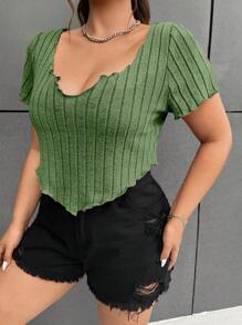 SHEIN EZwear 大碼木耳邊手帕下擺T恤 - 綠色 - 查看 4