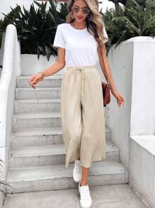 SHEIN Frenchy 素色褶皺闊腿褲 - 杏色 - 查看 1