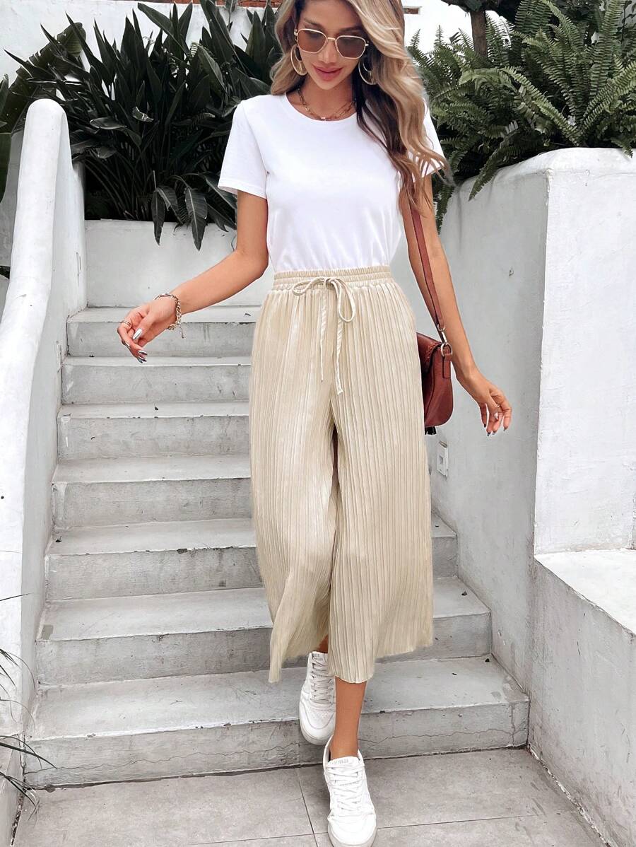 SHEIN Frenchy 素色褶皺闊腿褲 - 杏色 - 查看 1