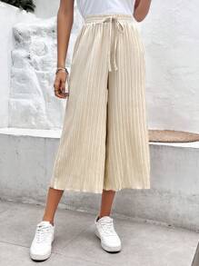 SHEIN Frenchy 素色褶皺闊腿褲 - 杏色 - 查看 4