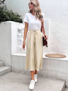 SHEIN Frenchy 素色褶皺闊腿褲 - 杏色 - 查看 6