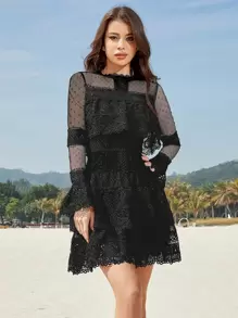 Guipure Lace Flounce Sleeve Dress - Black - View 1