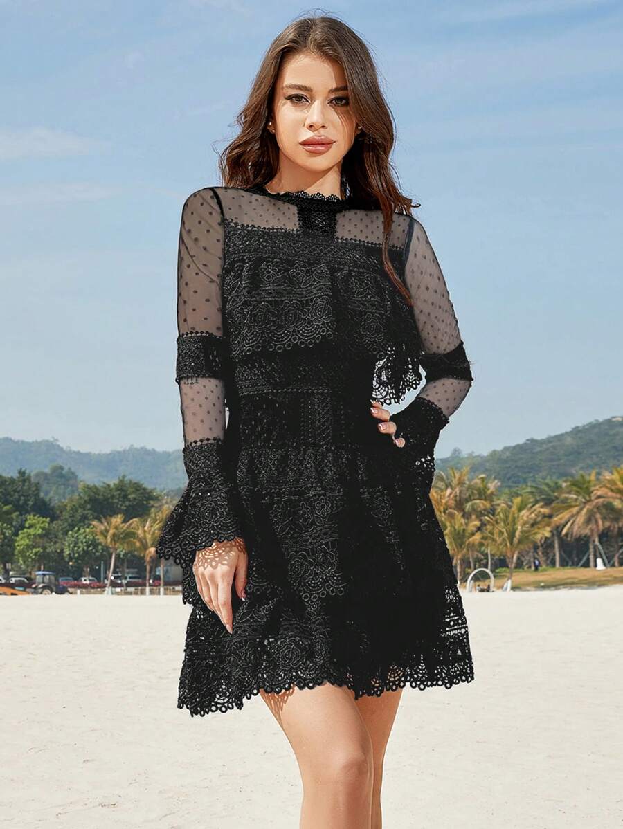Guipure Lace Flounce Sleeve Dress - Black - View 1