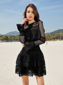 Guipure Lace Flounce Sleeve Dress - Black - View 3