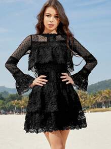 Guipure Lace Flounce Sleeve Dress - Black - View 4