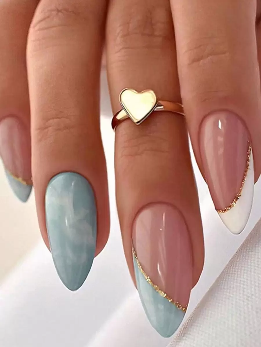 Get Glamorous With 24pcs Long Oval Blue French Glitter Marble Pattern Fake Nail & 1sheet Tape & 1pc Nail File Press On Nails Nail Supplies