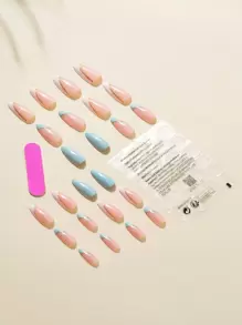 Get Glamorous With 24pcs Long Oval Blue French Glitter Marble Pattern Fake Nail & 1sheet Tape & 1pc Nail File Press On Nails Nail Supplies