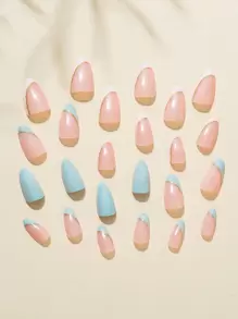 Get Glamorous With 24pcs Long Oval Blue French Glitter Marble Pattern Fake Nail & 1sheet Tape & 1pc Nail File Press On Nails Nail Supplies