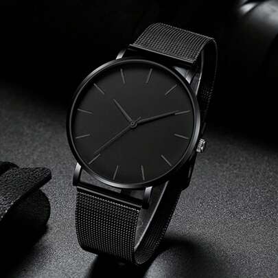 男士網眼帶圓形指針石英手錶