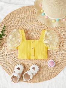 SHEIN 嬰兒女孩花卉刺繡網紗泡袖紐扣前短款上衣 - 黃色 - 查看 1