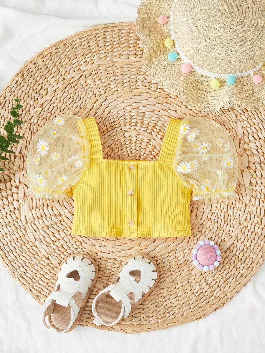 SHEIN 嬰兒女孩花卉刺繡網紗泡袖紐扣前短款上衣 - 黃色 - 查看 1