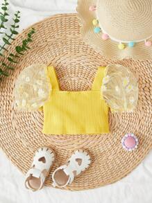 SHEIN 嬰兒女孩花卉刺繡網紗泡袖紐扣前短款上衣 - 黃色 - 查看 2