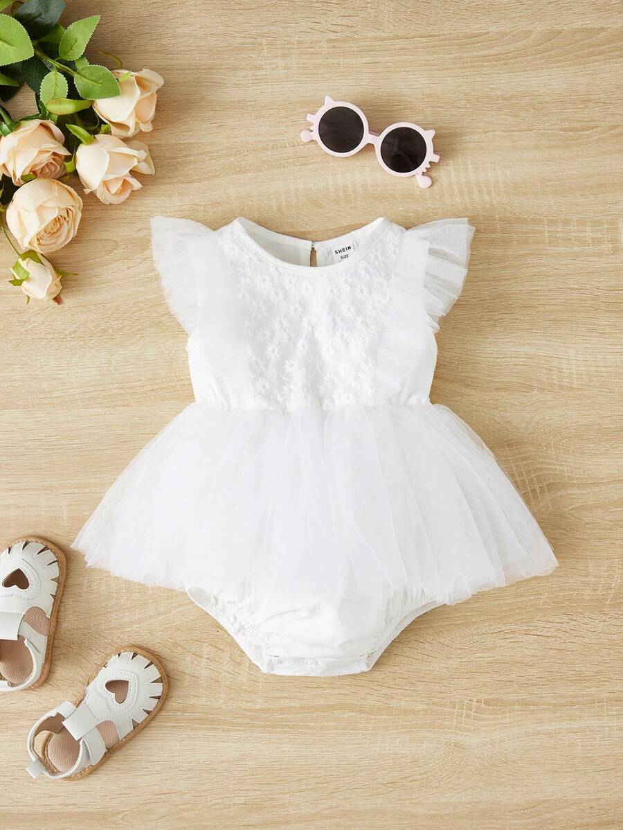 SHEIN Baby Ruffle Trim Mesh Overlay Bodysuit - White - View 1