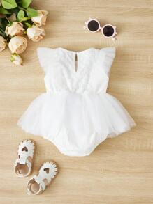 SHEIN Baby Ruffle Trim Mesh Overlay Bodysuit - White - View 2