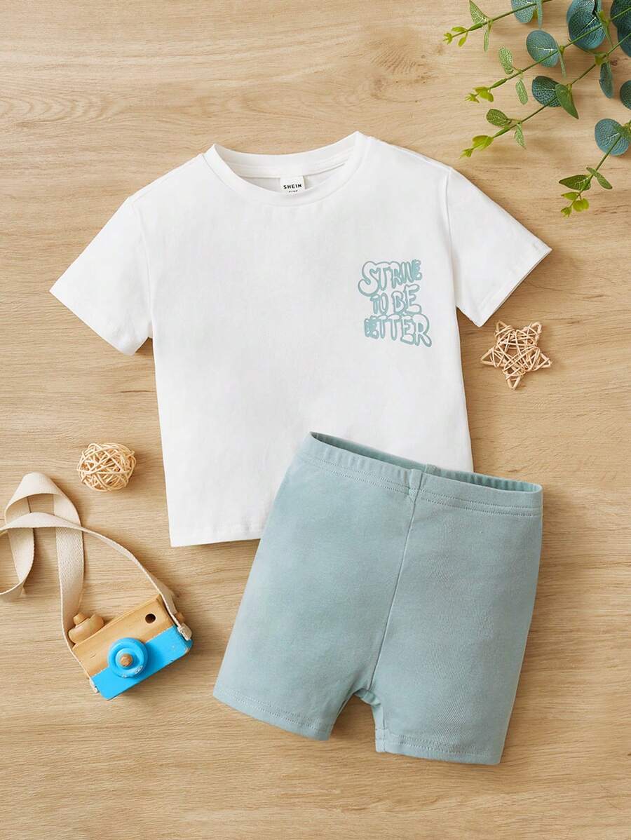 SHEIN Bộ đồ Em bé Slogan - Màu xanh Bạc hà - Xem 1