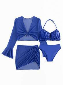 SHEIN 少女褶皱比基尼套装和罩衫上衣和裙子三件套泳装夏季海滩 - 寶藍色 - 查看 1