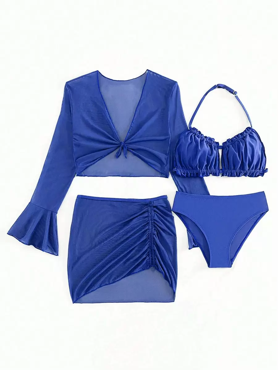 SHEIN 少女褶皱比基尼套装和罩衫上衣和裙子三件套泳装夏季海滩 - 寶藍色 - 查看 1