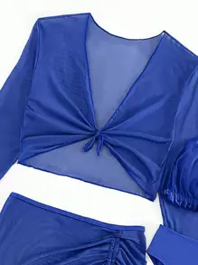 SHEIN 少女褶皱比基尼套装和罩衫上衣和裙子三件套泳装夏季海滩 - 寶藍色 - 查看 4