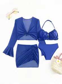 SHEIN 少女褶皱比基尼套装和罩衫上衣和裙子三件套泳装夏季海滩 - 寶藍色 - 查看 5