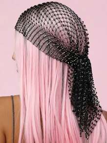 1入組女士水鑽裝飾漁網魅力四射服飾頭巾帽適合派對 - 黑色 - 查看 1