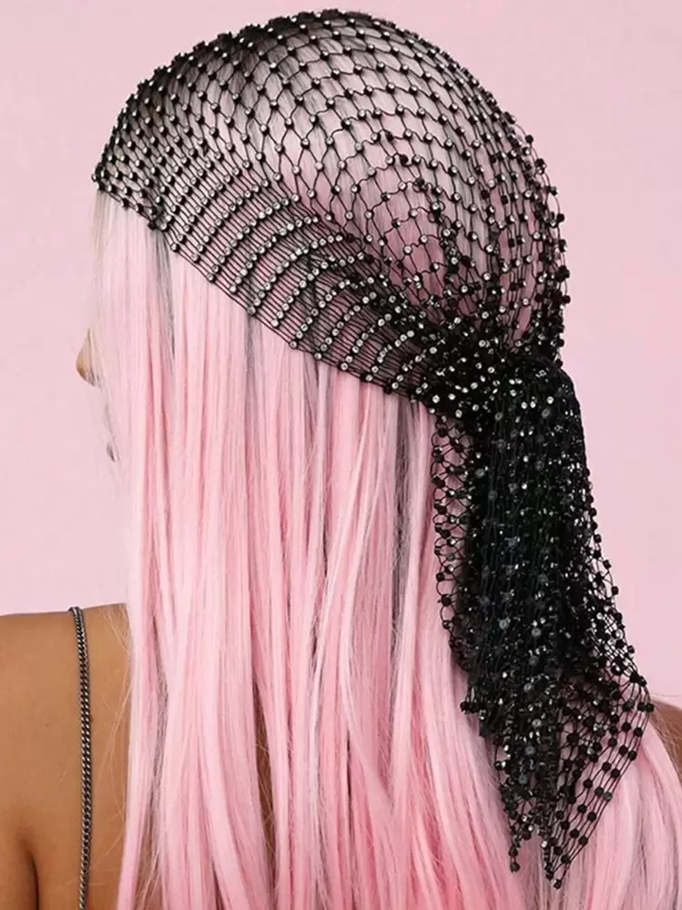 1 ชิ้น ผ้าพันหัว คอสตูม ผู้หญิง ตกแต่ง พลอยเทียม ตาข่าย อย่างมีเสน่ห์ ผ้าพันหัว คอสตูม สำหรับ งานปาร์ตี้ - สีดำ - ดู 1