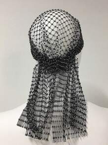 1入組女士水鑽裝飾漁網魅力四射服飾頭巾帽適合派對 - 黑色 - 查看 2