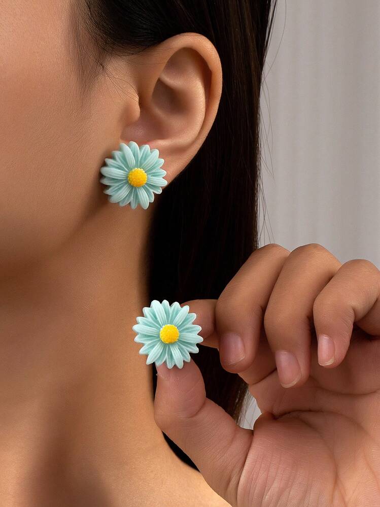 1 paire de nouvelle boucles d'oreilles à fleurs de printemps/été pour femmes en jaune, rouge, violet, convient pour le casual, la plage, les sorties, les sports, les cadeaux - Bleu azur - Voir 1
