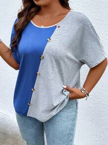 SHEIN LUNE Plus Two Tone Button Detail Tee - Multicolor - View 1