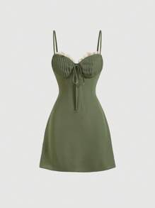 SHEIN MOD Chất rắn Tie Trước Váy Dây - xanh quân đội - Xem 1