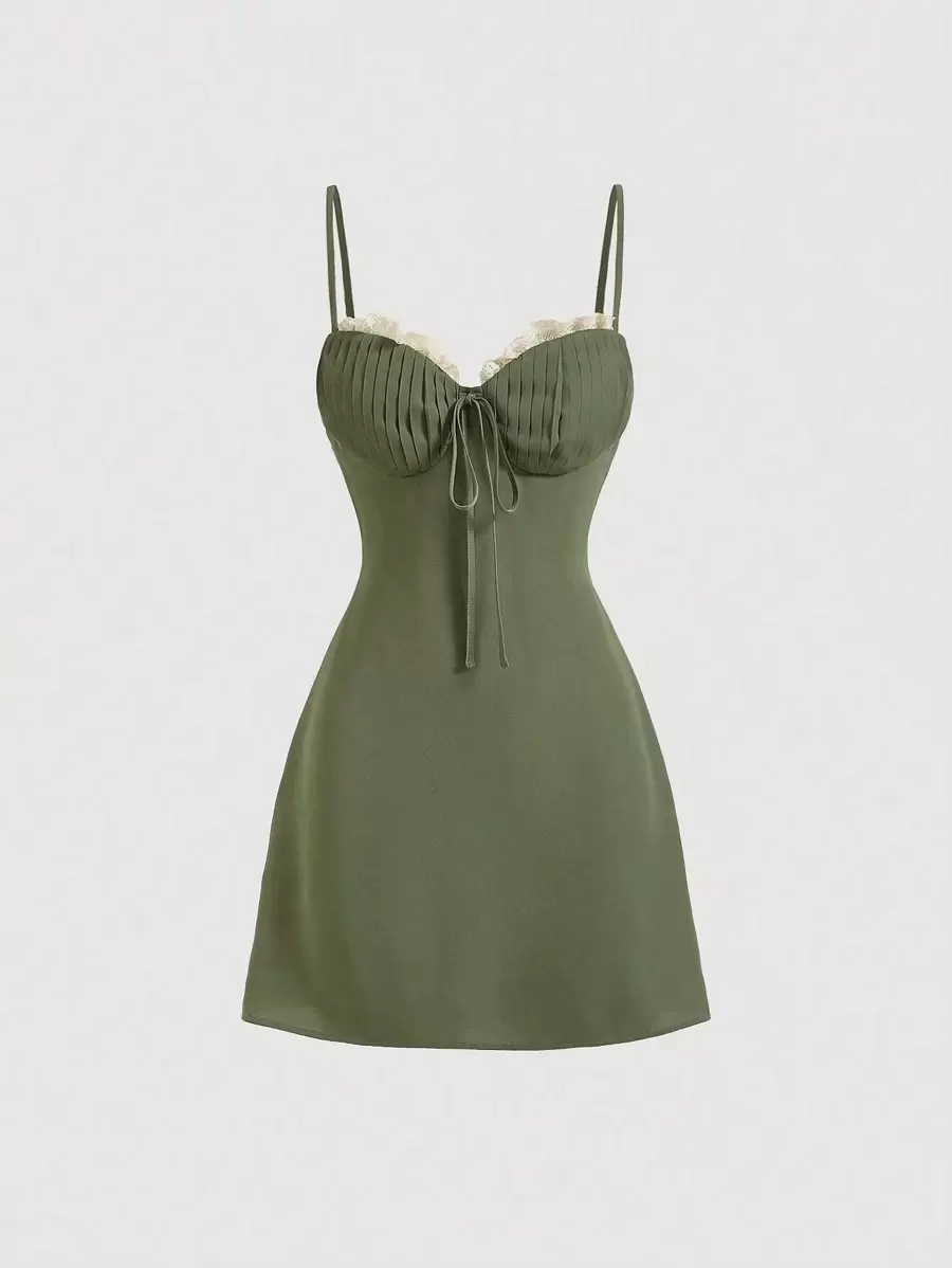 SHEIN MOD Chất rắn Tie Trước Váy Dây - xanh quân đội - Xem 1