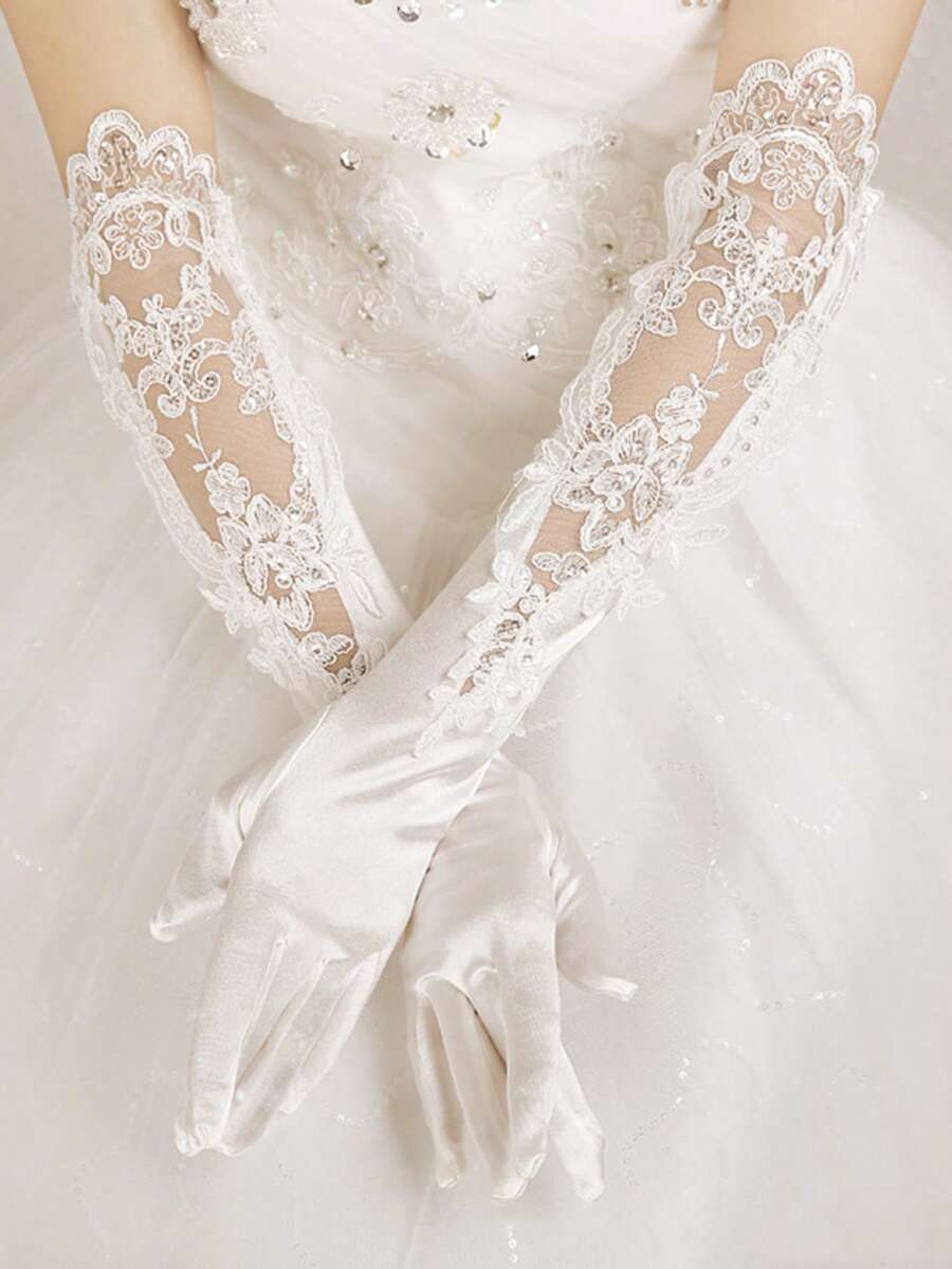 1 双女士荷叶边亮片装饰优雅新娘手套，适合婚礼秋季女士服装 - 白色 - 查看 1