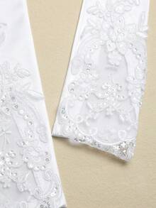 1 双女士荷叶边亮片装饰优雅新娘手套，适合婚礼秋季女士服装 - 白色 - 查看 3