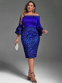 Plus Leopard Print Off Shoulder Flounce Sleeve Bodycon Dress - Royal Blue - View 1