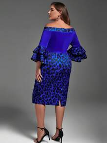 Plus Leopard Print Off Shoulder Flounce Sleeve Bodycon Dress - Royal Blue - View 2