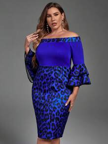 Plus Leopard Print Off Shoulder Flounce Sleeve Bodycon Dress - Royal Blue - View 3