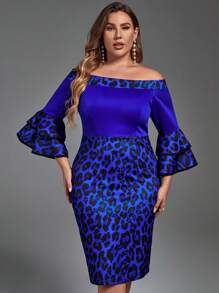 Plus Leopard Print Off Shoulder Flounce Sleeve Bodycon Dress - Royal Blue - View 4