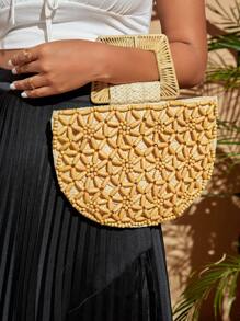SHEIN VCAY Túi rơm trang trí hạt nhỏ, hoàn hảo cho kỳ nghỉ du lịch bãi biển mùa hè - Màu Khaki - Xem 3