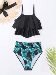 Swim Lushoire Summer Beach Tropical Print Ruffle Hem Tankini - Multicolor - View 3